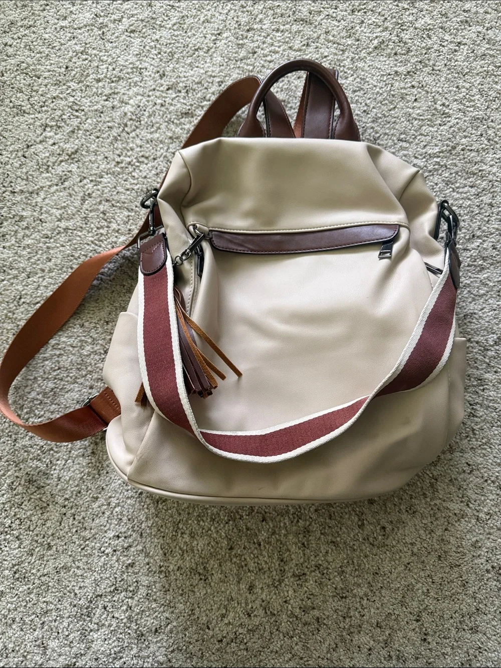 Beige Everyday Backpack with Brown Accent Strap